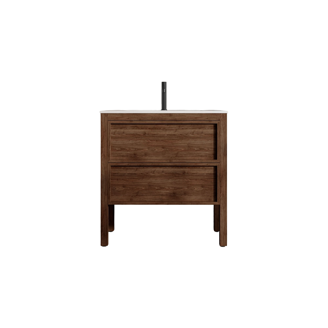Florence 800mm Walnut Wall Mounted Vanity Unit with Stone Basin, Soft-Close Bathroom Cabinet, Ash Wood Finish, Modern Storage Vanity for Cloakroom & Ensuite