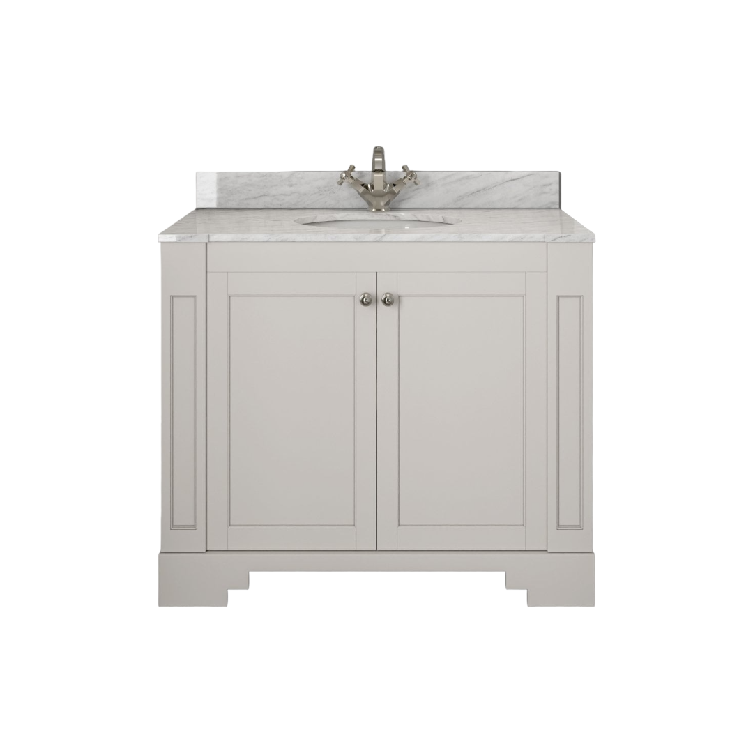 Grosvenor Matt Cream Wall Mounted Vanity Unit 1000mm – Carrara Marble Countertop Bathroom Cabinet with Ceramic Basin, Soft Close Storage, Marine Plywood, Undrilled for Deck or Wall Mounted Taps – 10 Year Guarantee