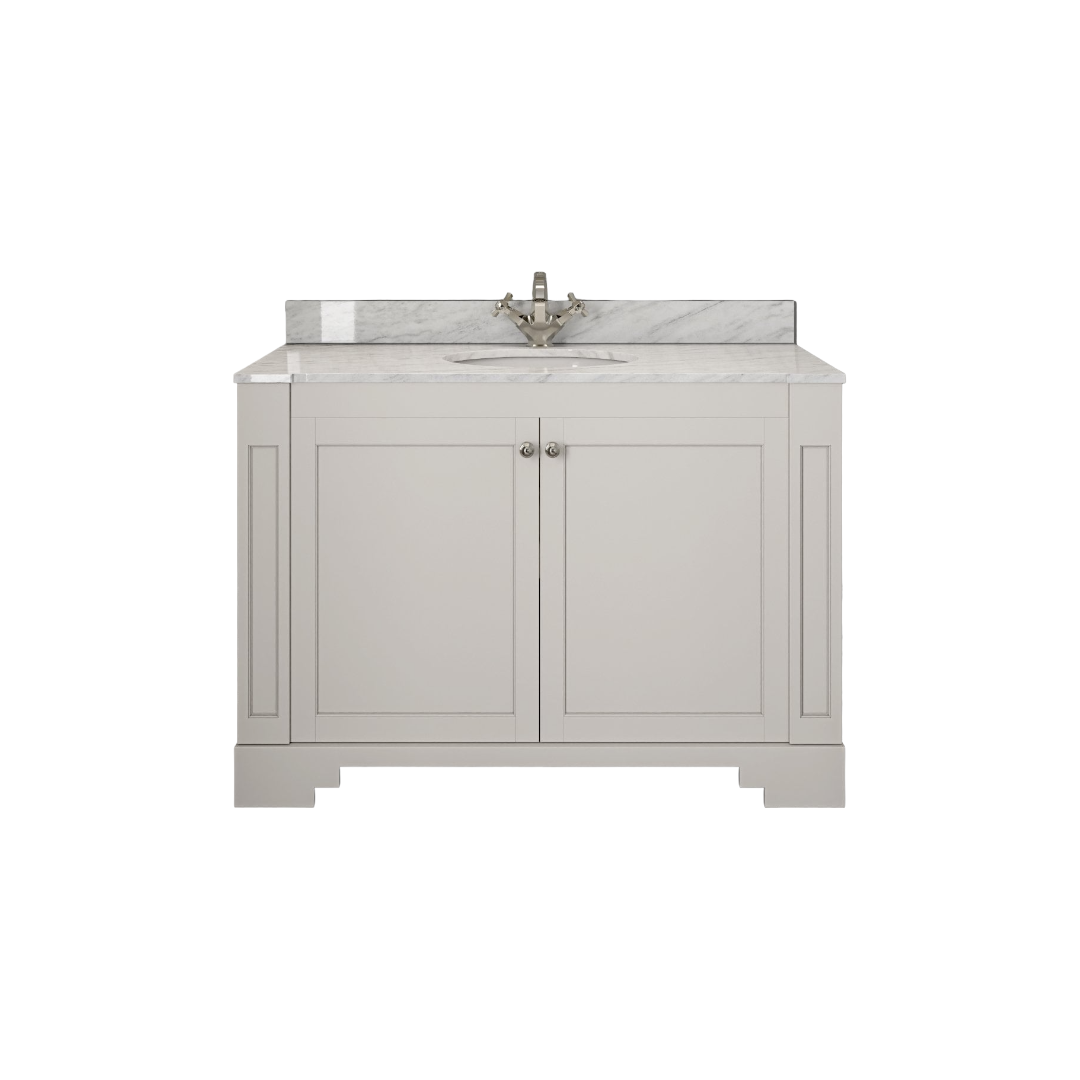 Grosvenor Matt Cream Vanity Unit with Carrara Marble Countertop & Ceramic Inset Basin – 1200mm Floor Standing Bathroom Vanity Cabinet (Copy)