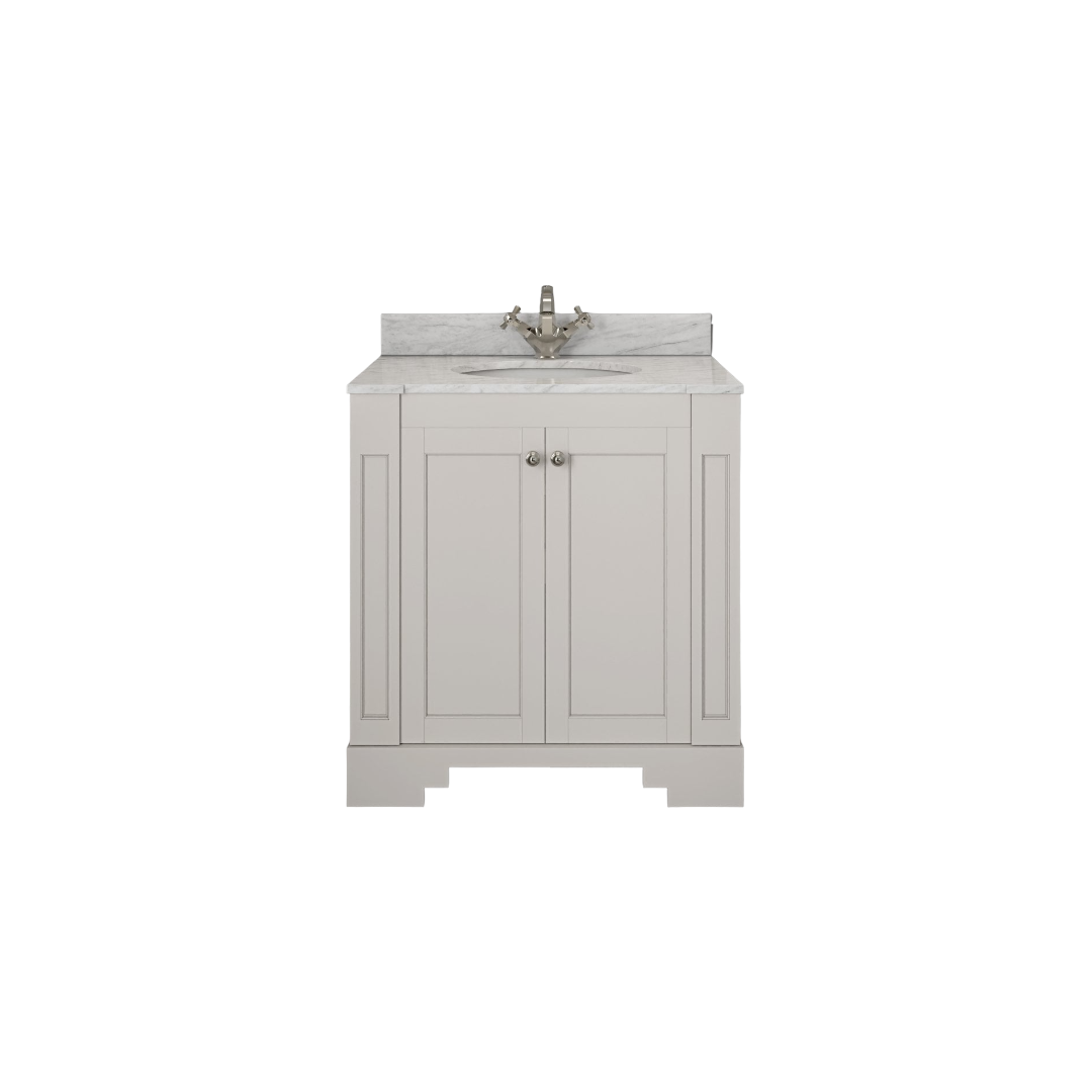 Grosvenor Matt Cream Wall Hung Vanity Unit with Carrara Marble Countertop & Ceramic Inset Basin – 800mm