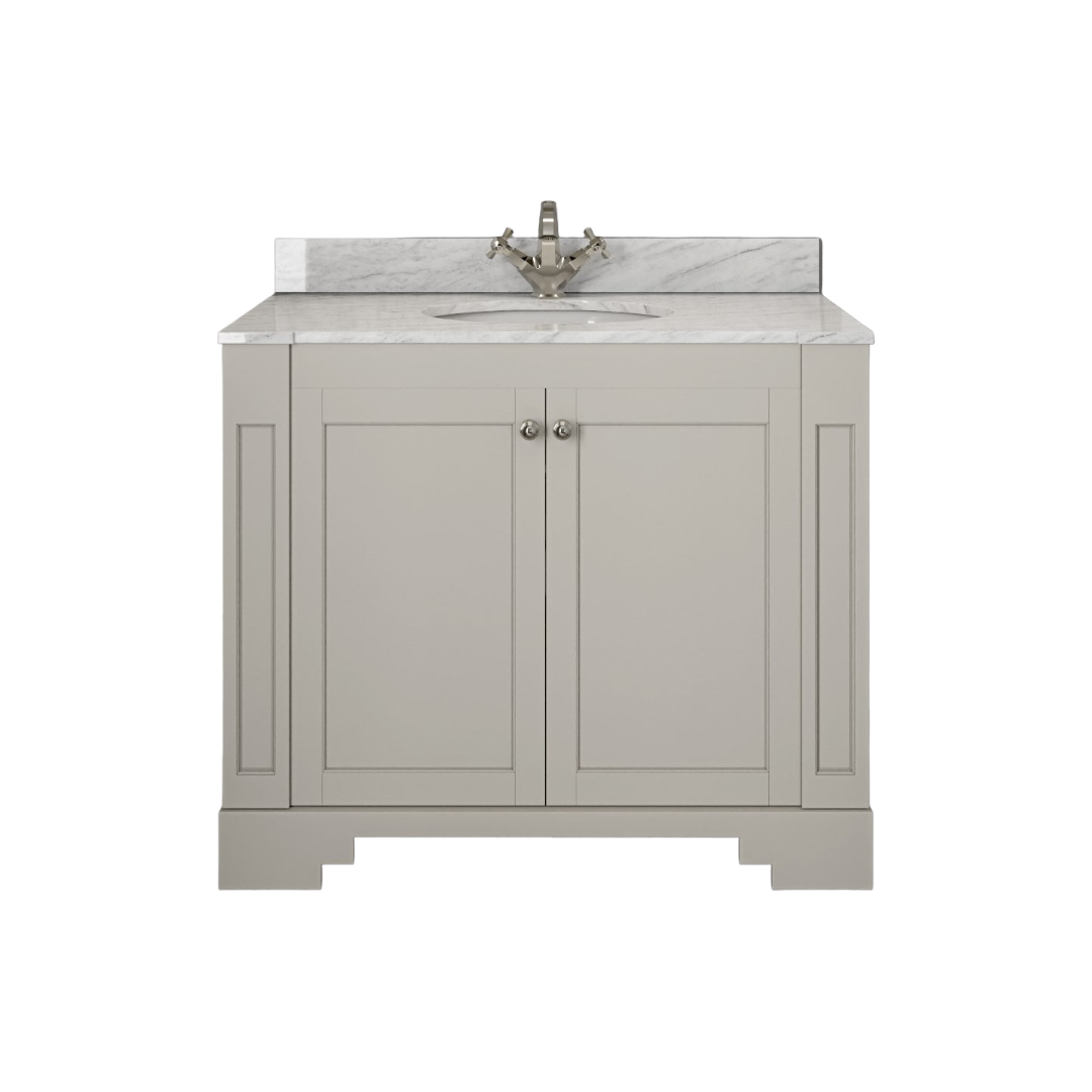 Grosvenor Matt Stone Wall Hung Vanity Unit with Carrara Marble Countertop & Ceramic Basin – 1000mm Bathroom Storage Cabinet with Soft-Close Doors