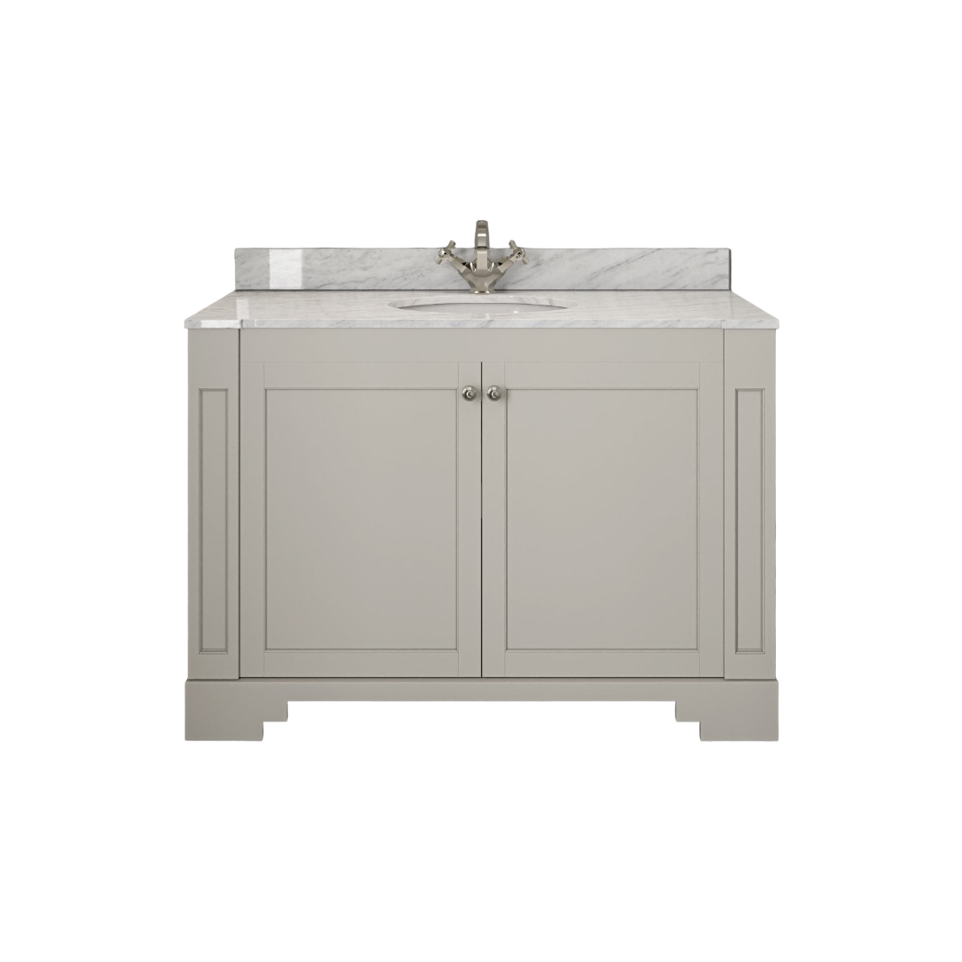 Grosvenor Matt Stone Wall Hung Vanity Unit 1200mm with Carrara Marble Countertop & Ceramic Inset Basin | Marine Grade Plywood Bathroom Cabinet | Soft-Close Doors