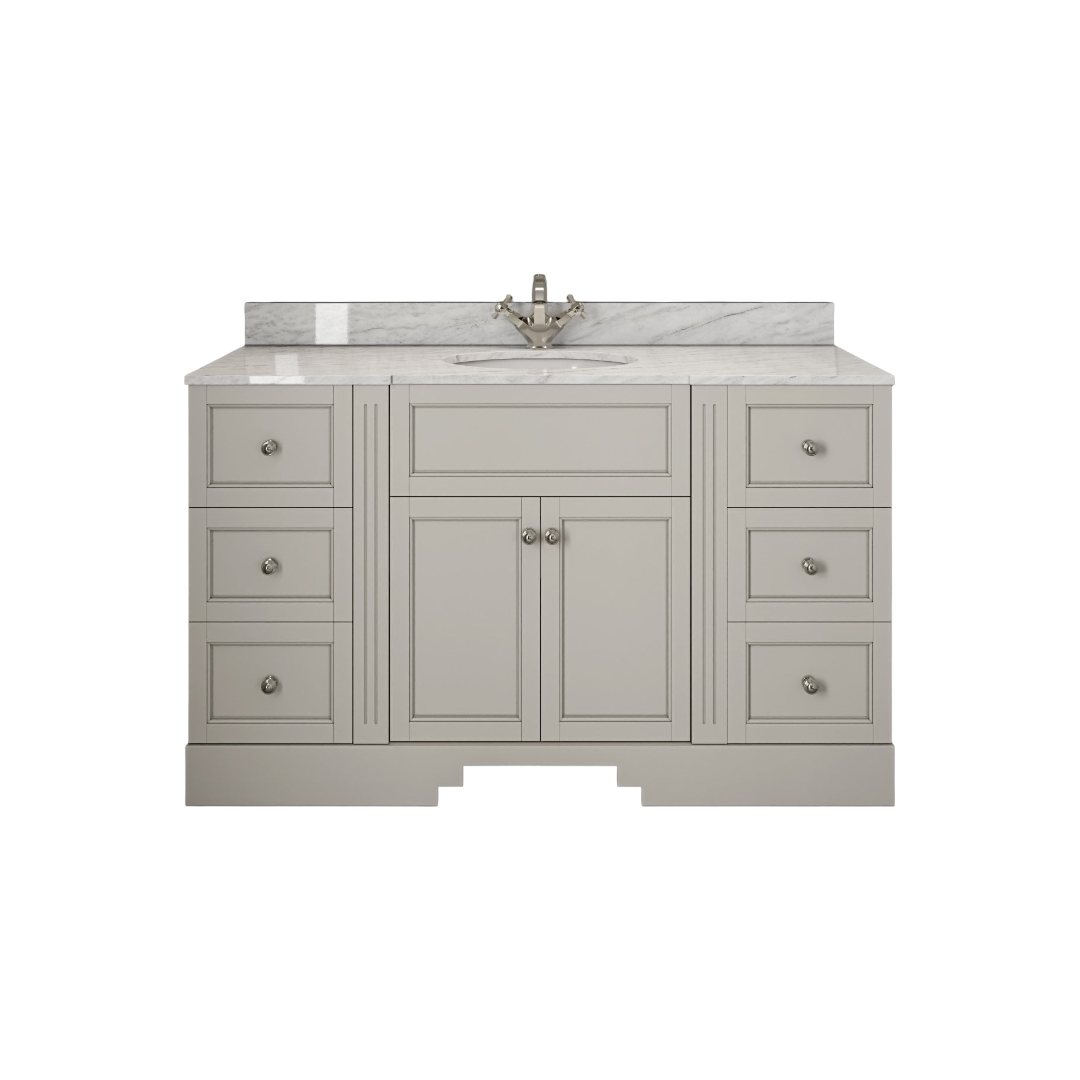 Grosvenor Matt Stone Wall Mounted Vanity Unit with Carrara Marble Countertop & Ceramic Basin – 1400mm Luxury Bathroom Cabinet, Soft-Close Doors, Marine Grade Plywood, Matte Finish