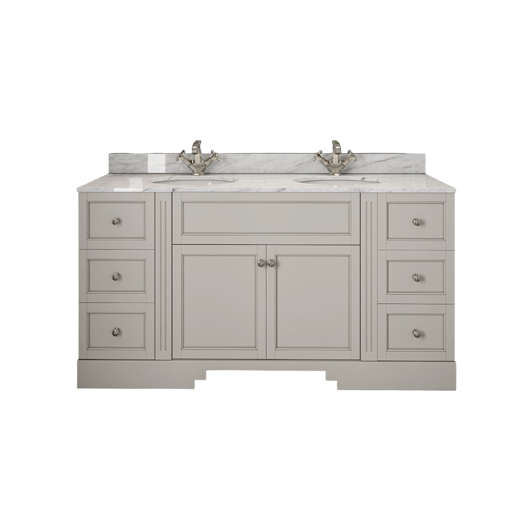 Grosvenor Matt Stone Freestanding Vanity Unit with Carrara Marble Countertop & Ceramic Inset Basin – 1600mm