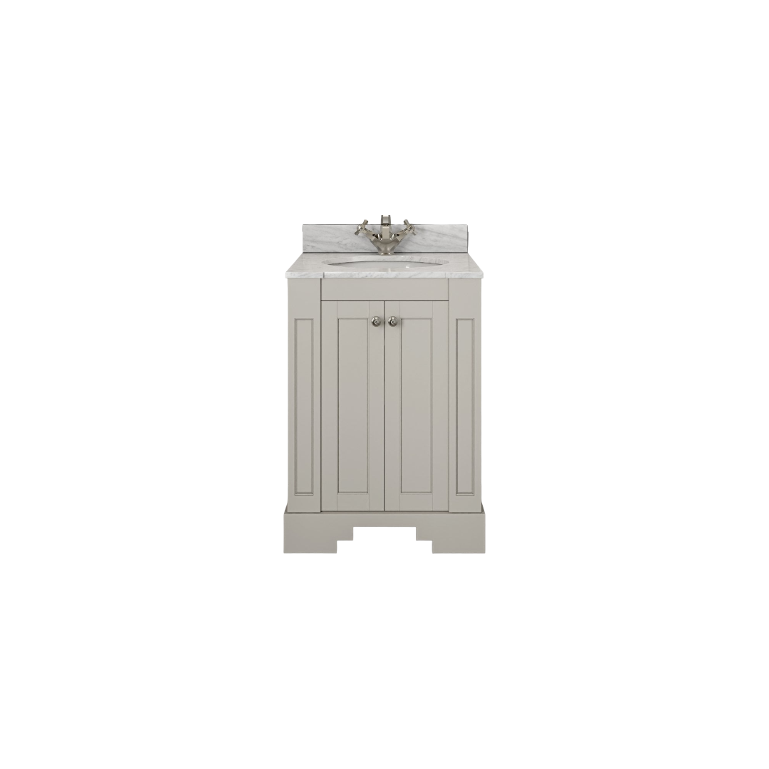 Grosvenor Matt Stone Wall Mounted Vanity Unit with Carrara Marble Countertop & Ceramic Inset Basin – 600mm