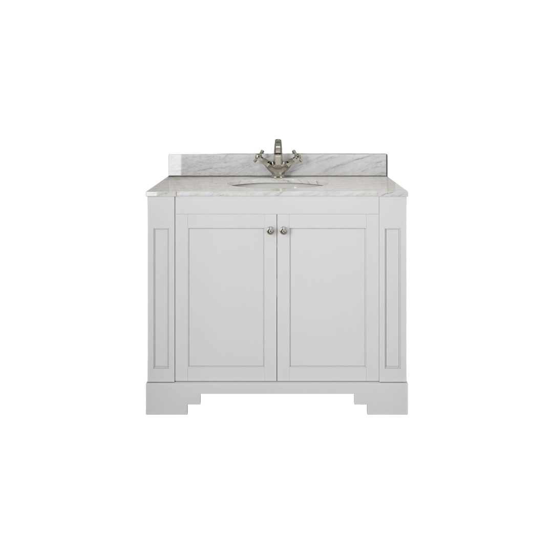 Grosvenor Matt White Bathroom Vanity Unit 1000mm with Carrara Marble Countertop & Ceramic Inset Basin | Wall Hung Marine Grade Plywood Vanity Cabinet