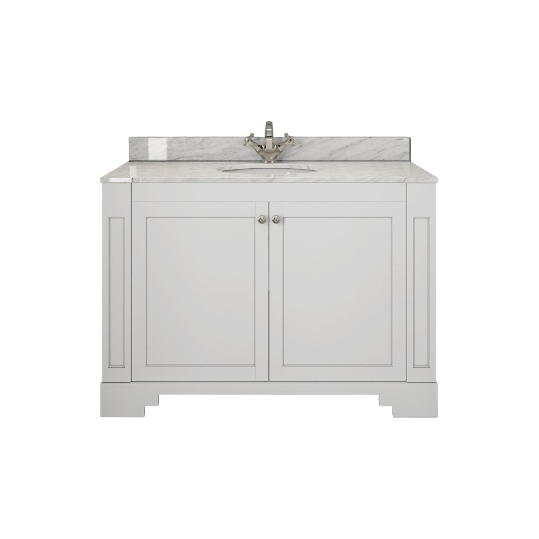 Grosvenor Matt White Vanity Unit with Carrara Marble Countertop & Ceramic Inset Basin – 1200mm Floor Standing Bathroom Vanity Cabinet