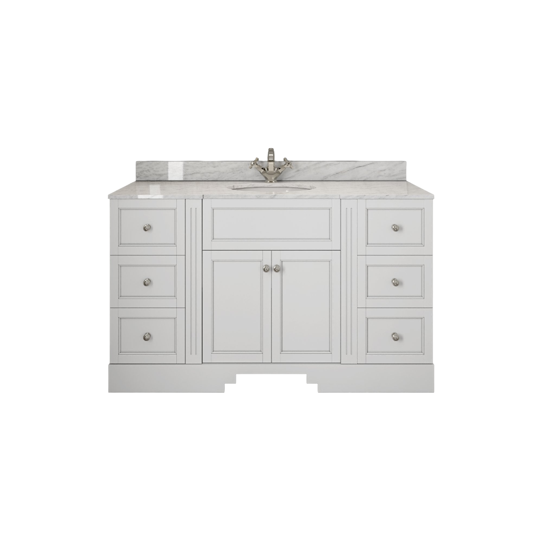Grosvenor Matt White Vanity Unit 1400mm with Carrara Marble Countertop & Ceramic Inset Basin | Marine Grade Plywood Bathroom Vanity