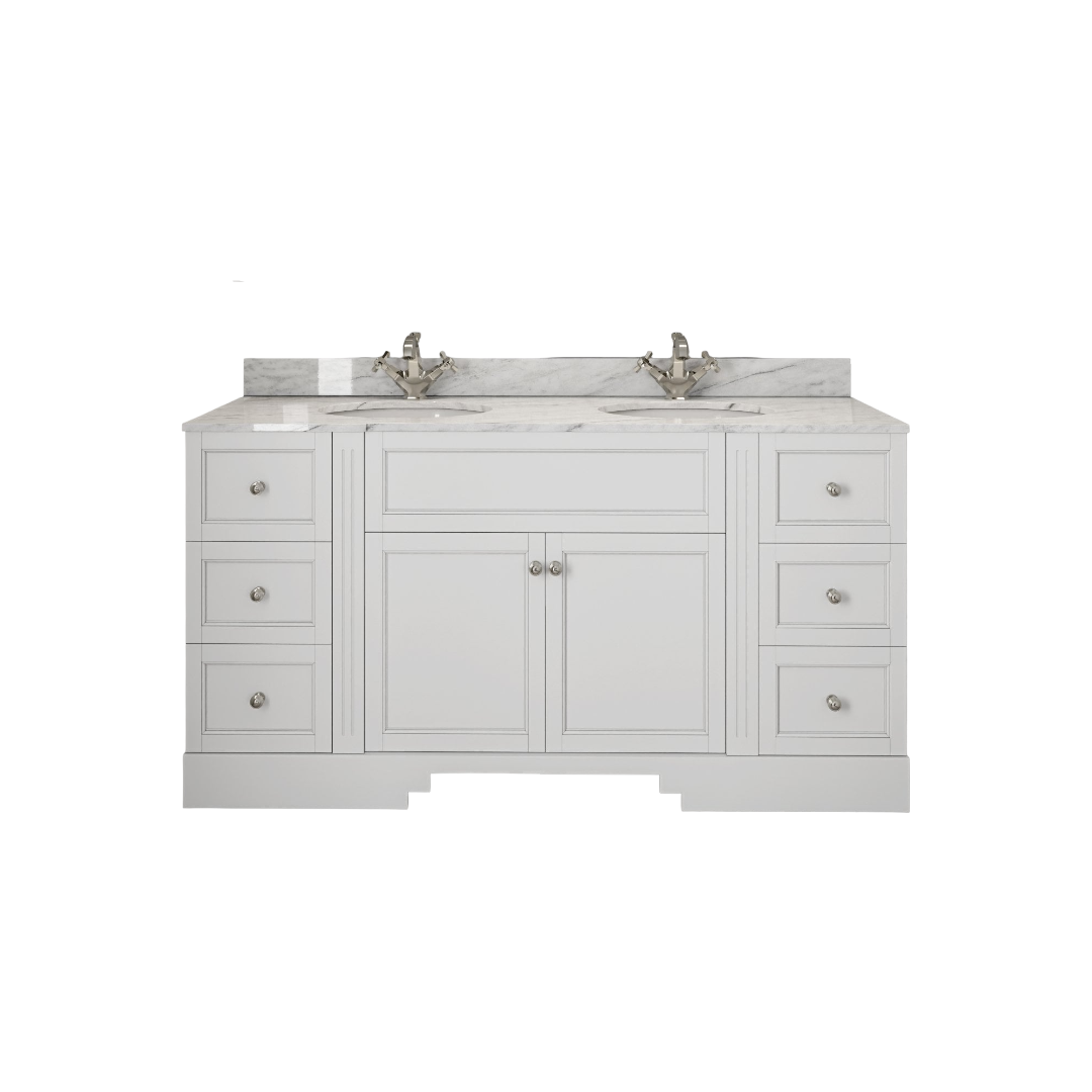 Grosvenor Matt White Floorstanding Vanity Unit with Carrara Marble Countertop & Ceramic Inset Basin - 1600mm