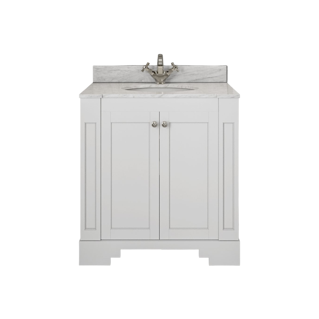 Grosvenor Matt White Wall Mounted Vanity Unit with Carrara Marble Countertop & Ceramic Inset Basin – 800mm