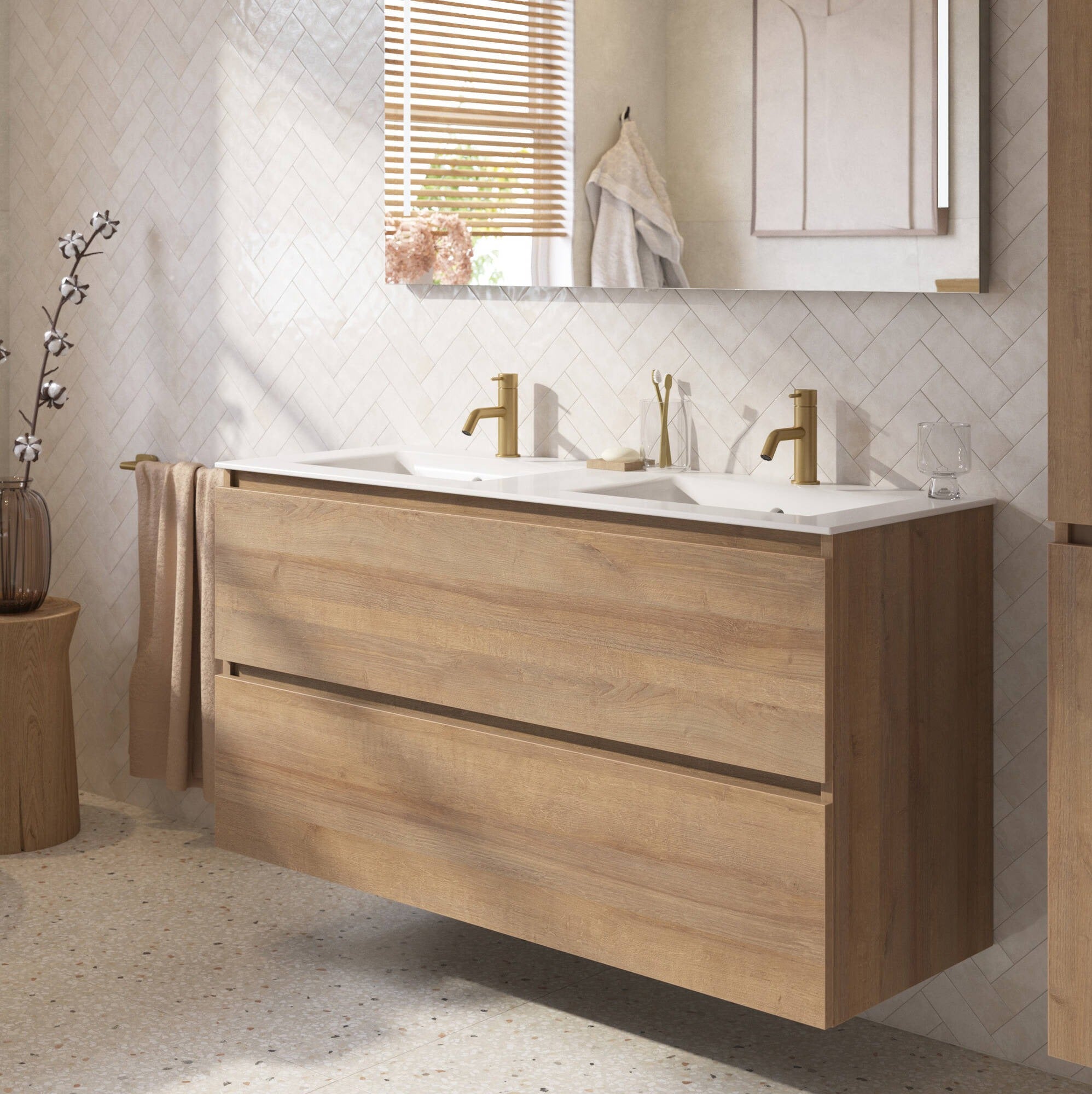 Saqu Terra bathroom furniture incl. double gloss white ceramic washbasin 120x46x66cm Denver oak