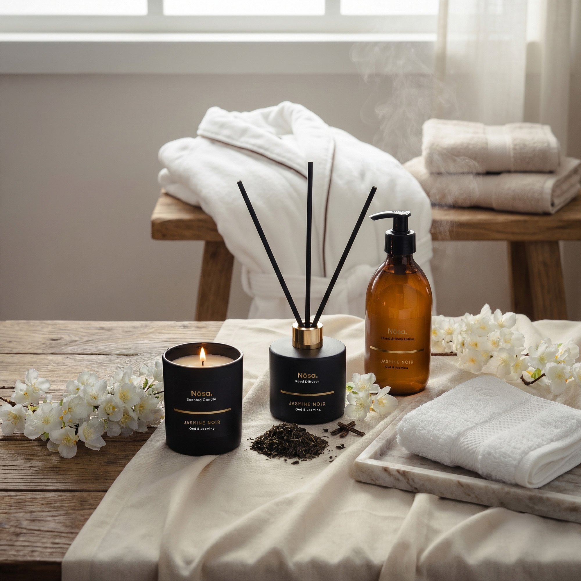 Nôsa Midnight Ember Luxury Spa Gift Set with Bathrobe, Facecloth, Candle, Reed Diffuser & Body Lotion – Small/Medium