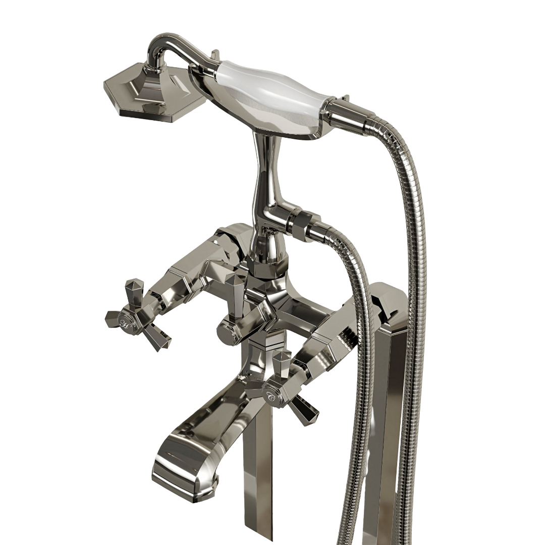 Kensington Freestanding Bath Shower Mixer Tap in Polished Nickel – Floor Standing Bath Filler with Hand Shower, Neoperl Aerator, Modern Luxury Bathroom Tap