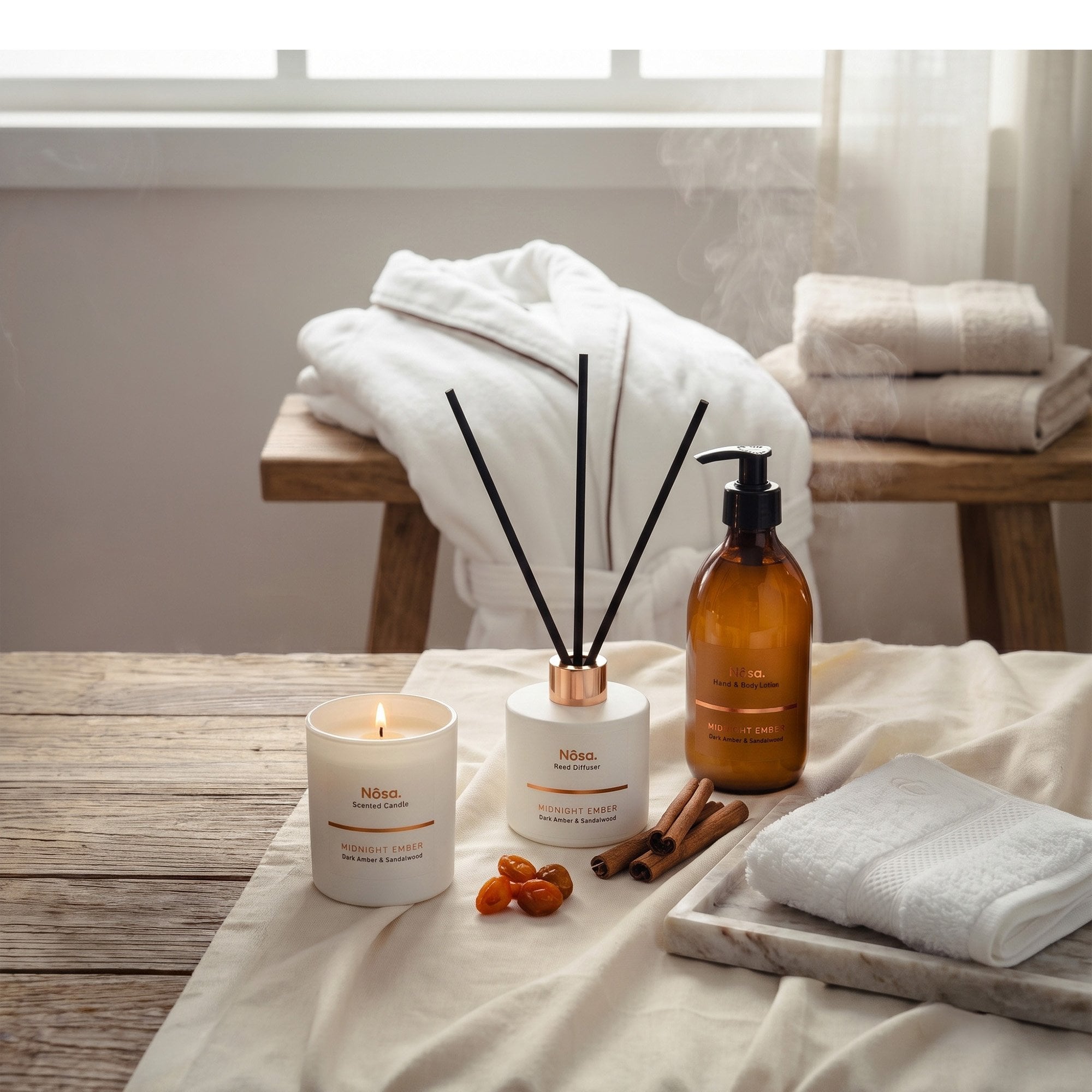 Nôsa Midnight Ember Luxury Spa Gift Set Large/XL – Premium Egyptian Cotton Bathrobe, Candle, Reed Diffuser & Body Lotion
