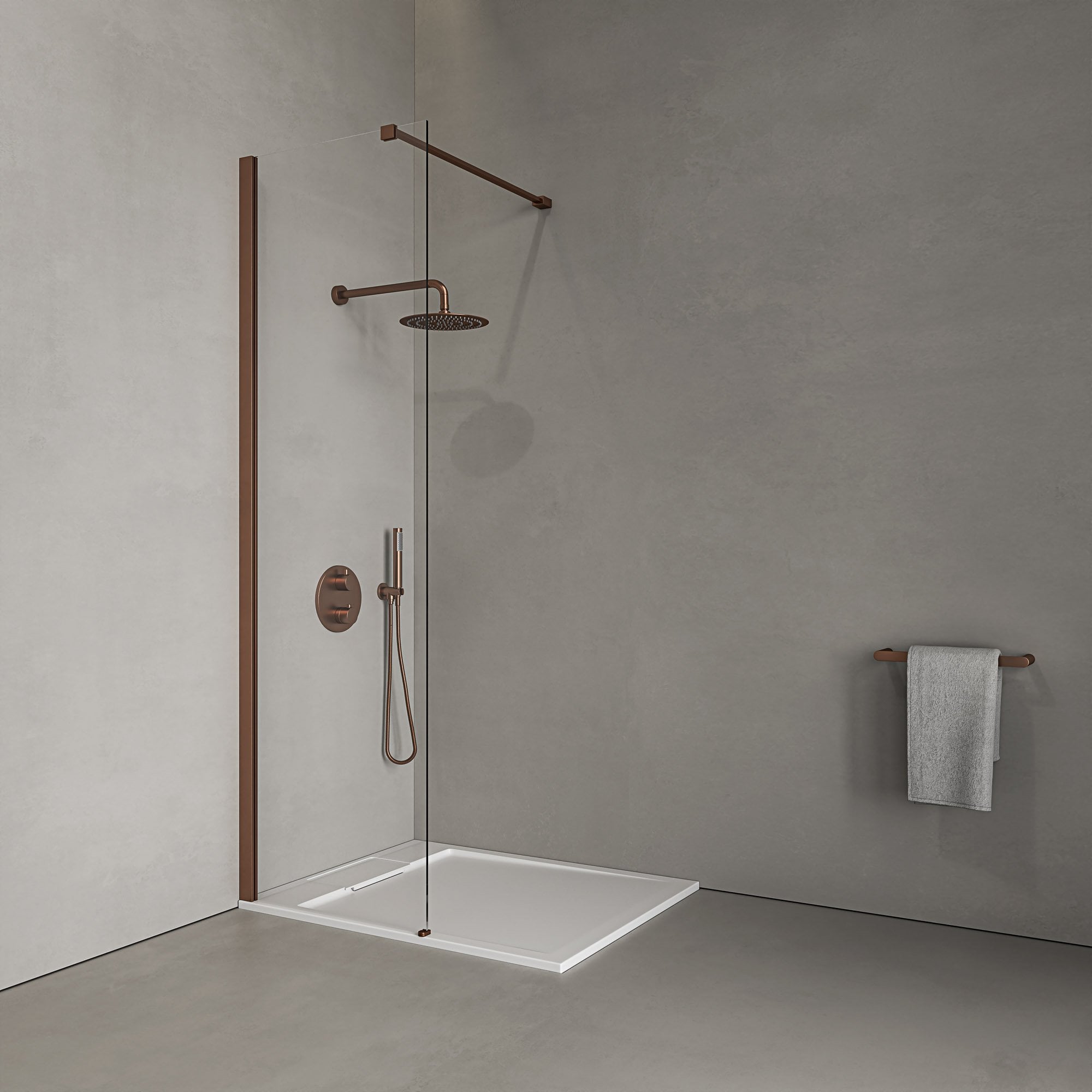 Modern Brushed Copper & Matte White Walk-In Shower Enclosure Kit A with 8mm Toughened Glass, Low-Profile Shower Tray & Fast Flow Waste