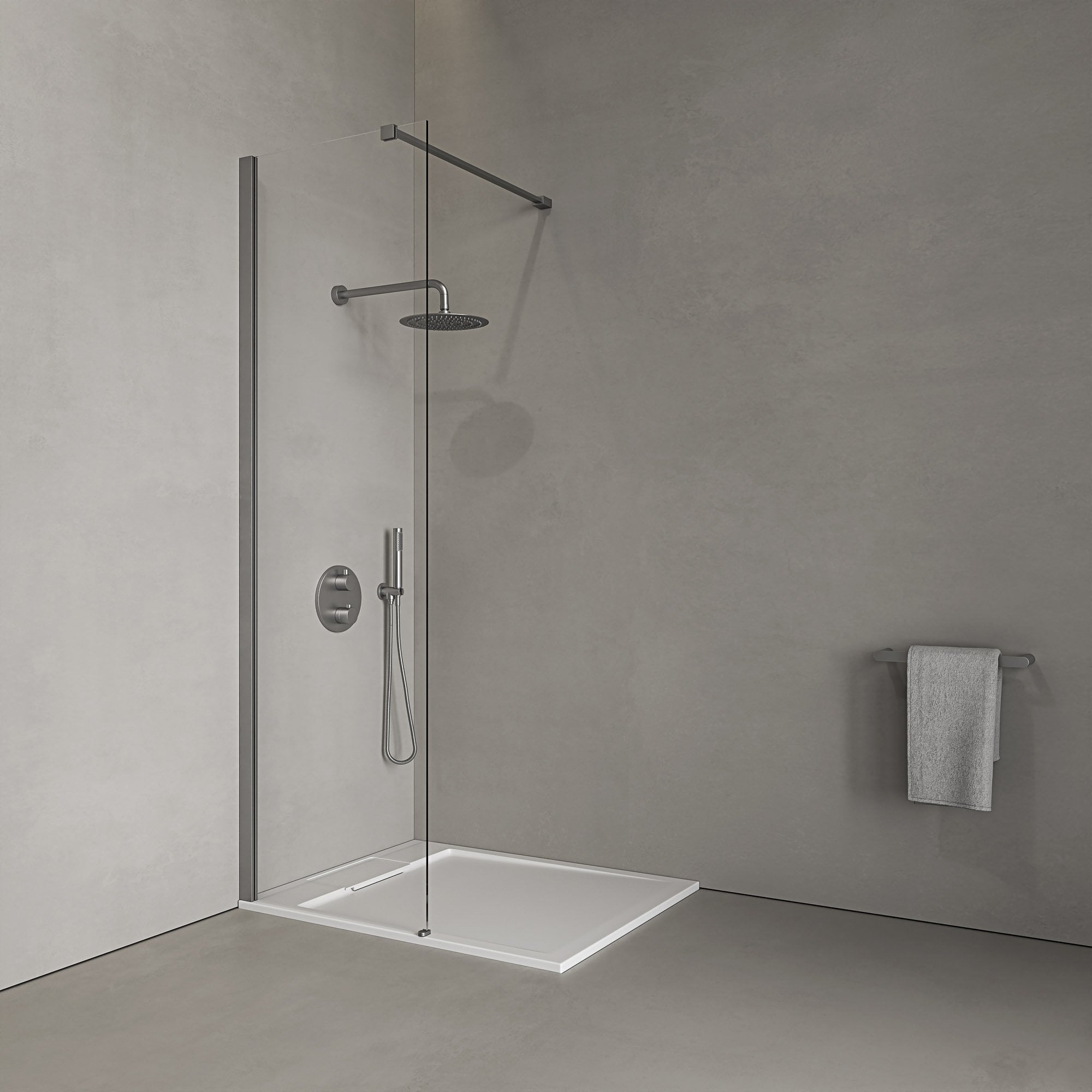 Modern Brushed Stainless Steel & Matt White Walk-In Shower Enclosure Kit A with 8mm Toughened Glass, Low-Profile Shower Tray & Fast Flow Waste