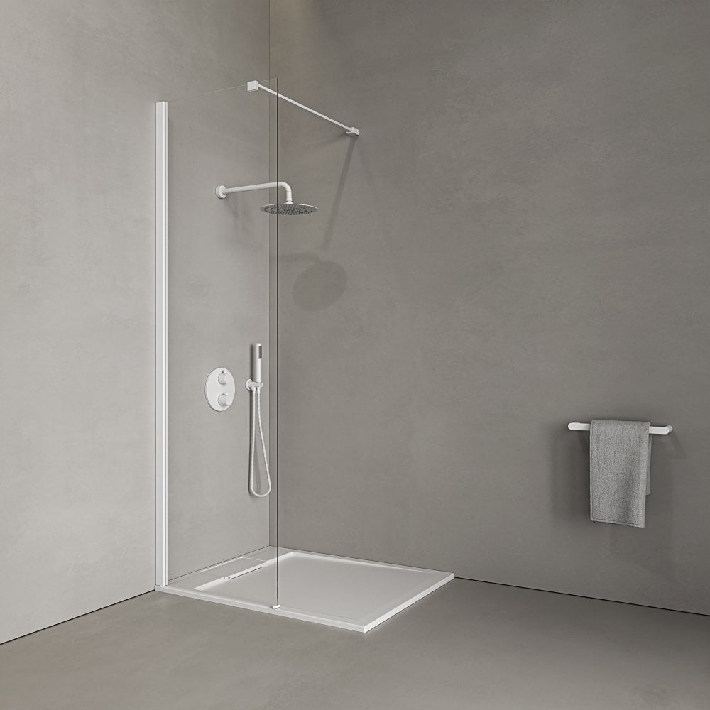 Modern Matte White Walk-In Shower Enclosure Kit with Shower Tray & 8mm Toughened Glass Screen - Reversible Design
