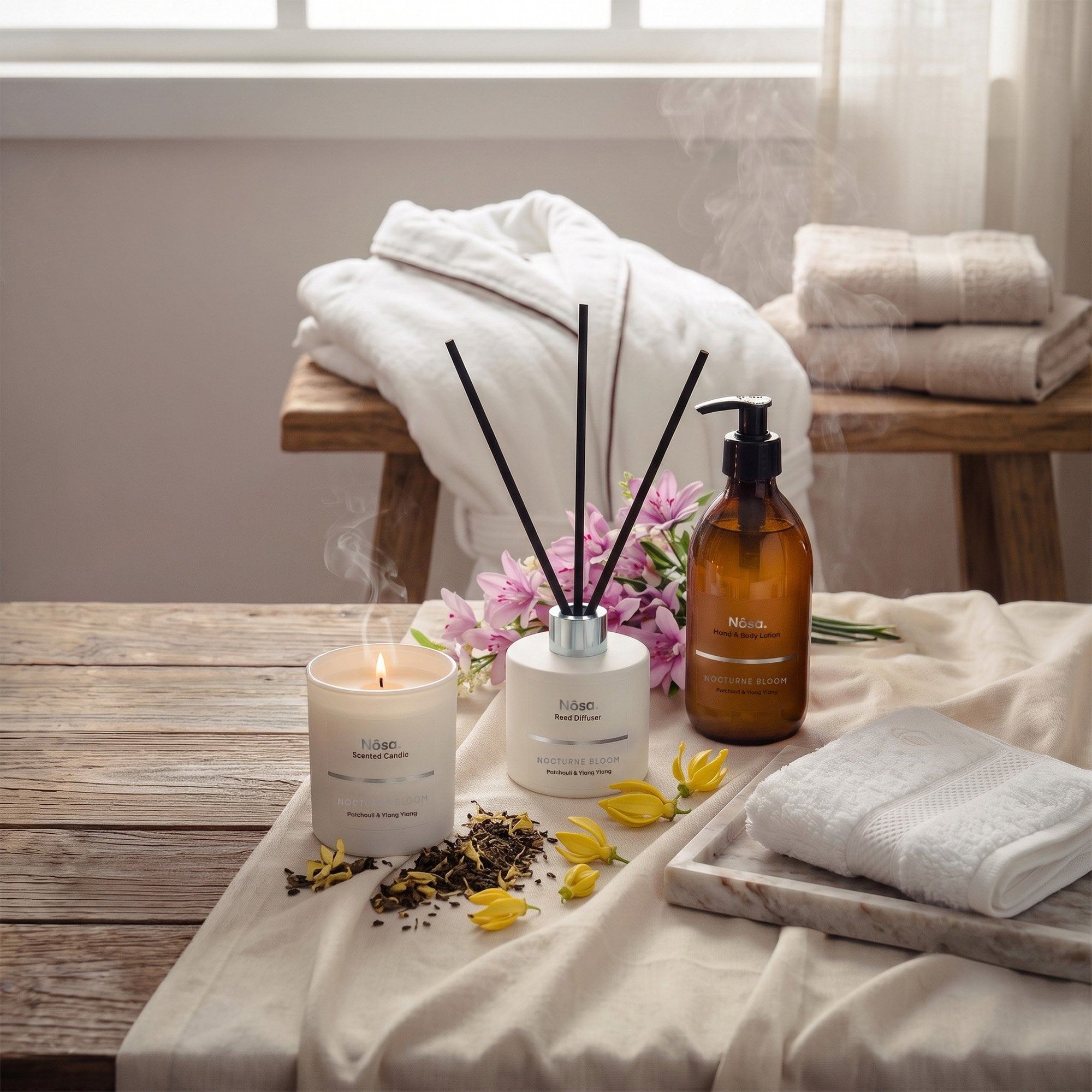 Nôsa Nocturne Bloom Luxury Spa Gift Set with Cotton Bathrobe, Candle, Reed Diffuser & Body Lotion – Small/Medium