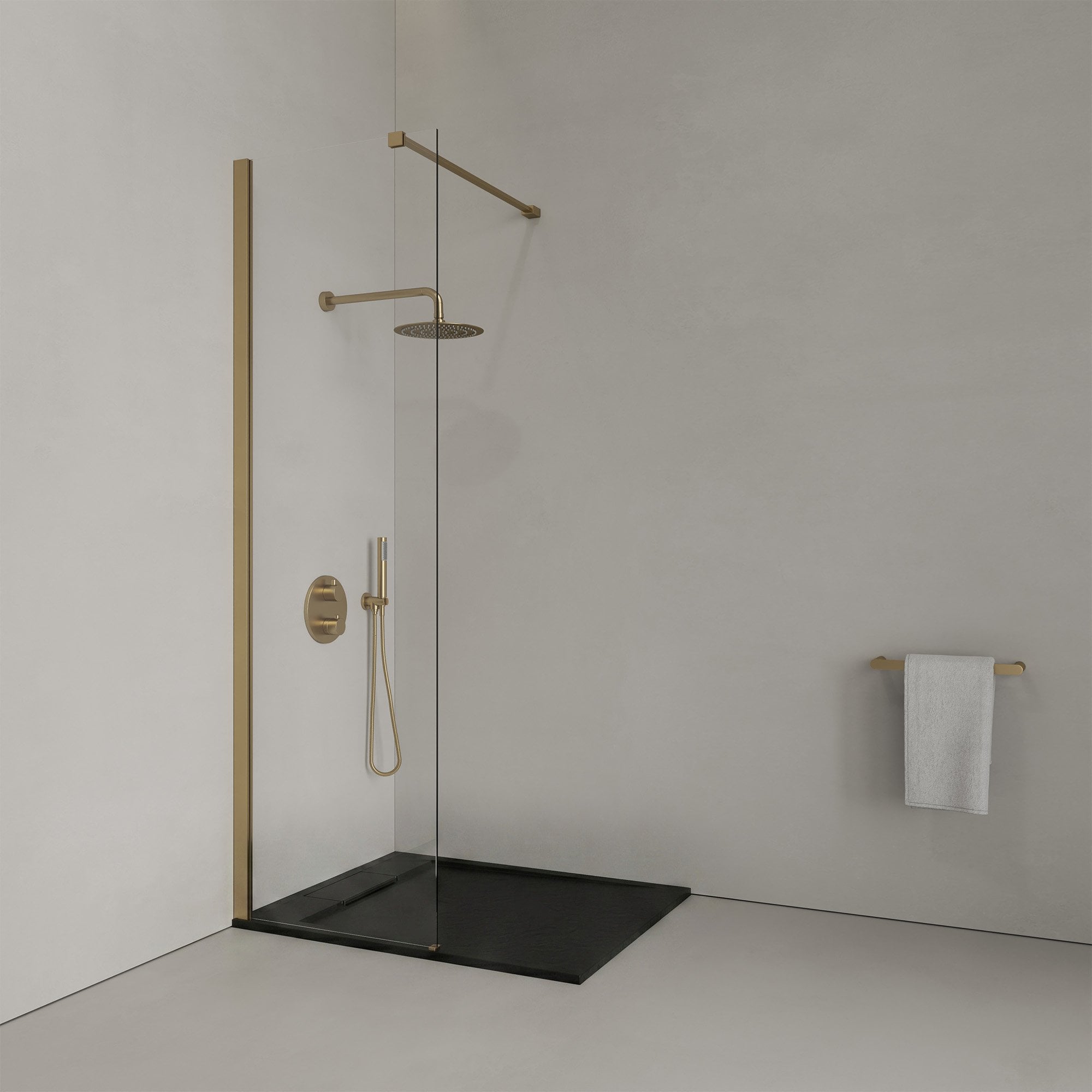 Modern Brushed Gold & Matt Black Walk-In Shower Enclosure Kit with Tray & Waste – Reversible 1000mm Screen