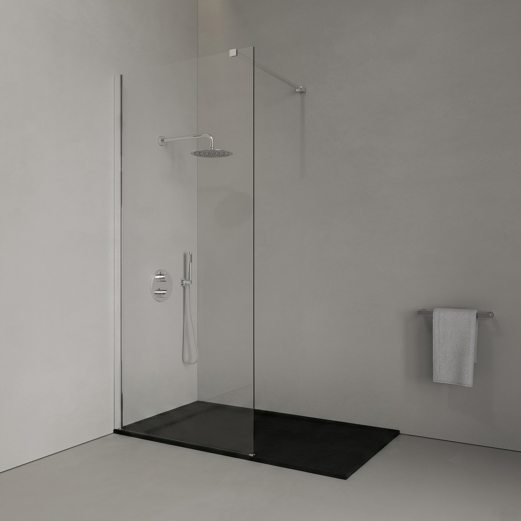 Modern Chrome & Matt Black Walk-In Shower Enclosure Kit with Shower Tray & Screen – Reversible Design
