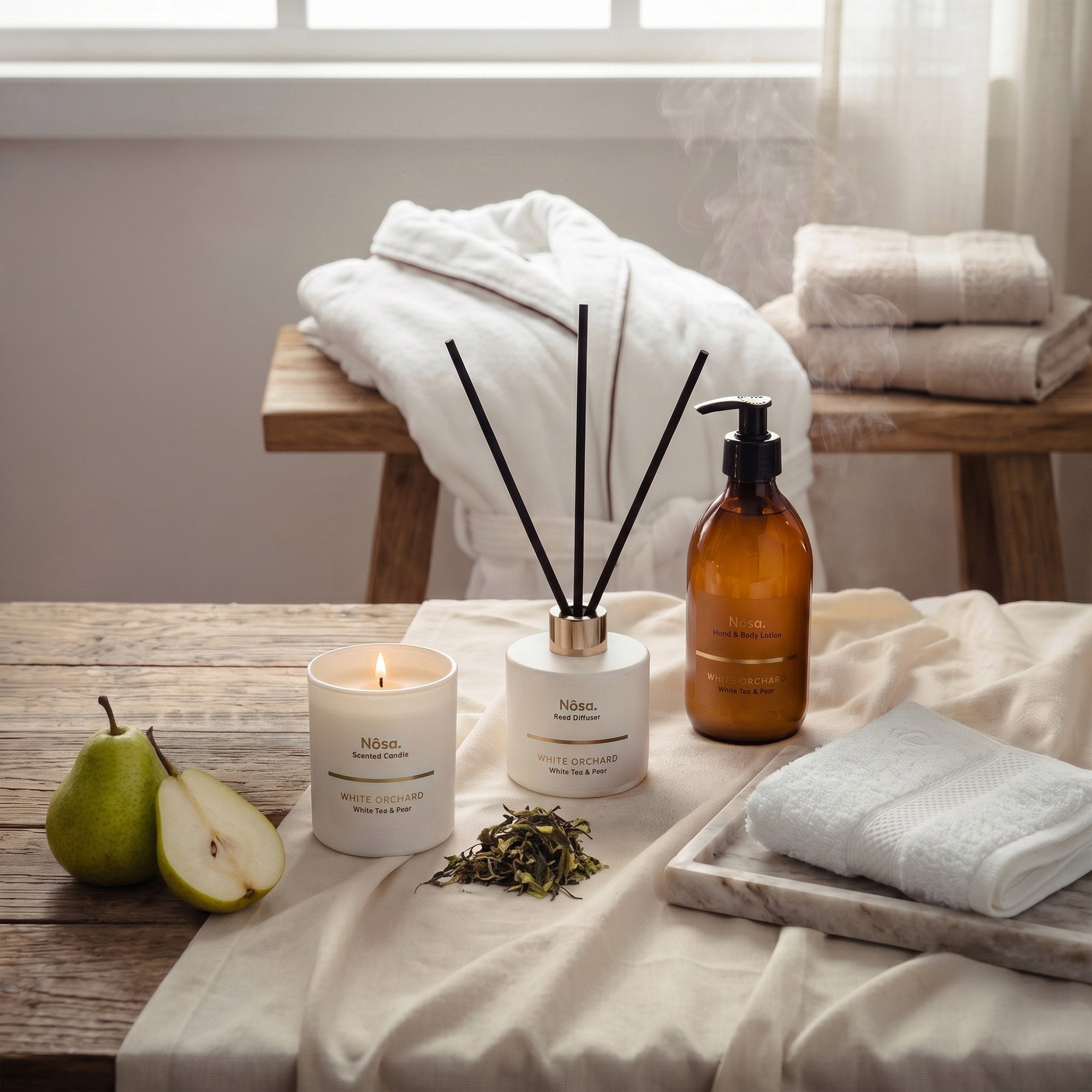 Nosa White Orchard Luxury Spa Gift Set Large/XL – Premium Egyptian Cotton Bathrobe, Candle, Reed Diffuser & Body Lotion